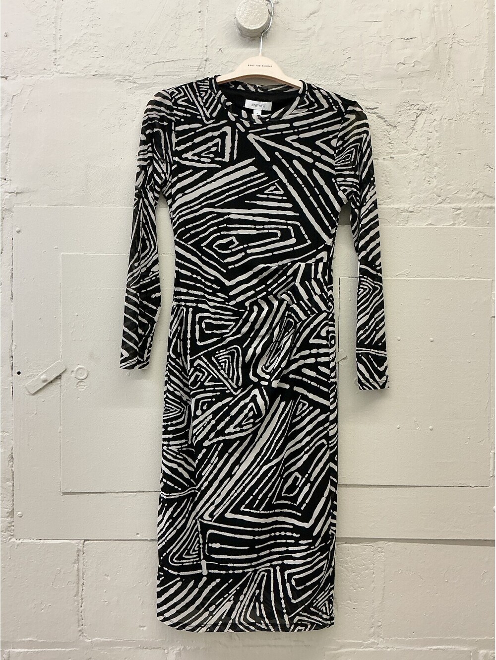 Nine West Black and White Geometric Pattern long sleeve high neck Midi Dress